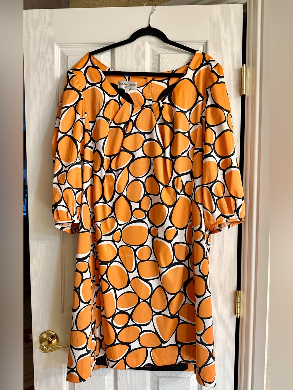 Donna Ricco Orange, White & Black Abstract Circle Midi Dress
